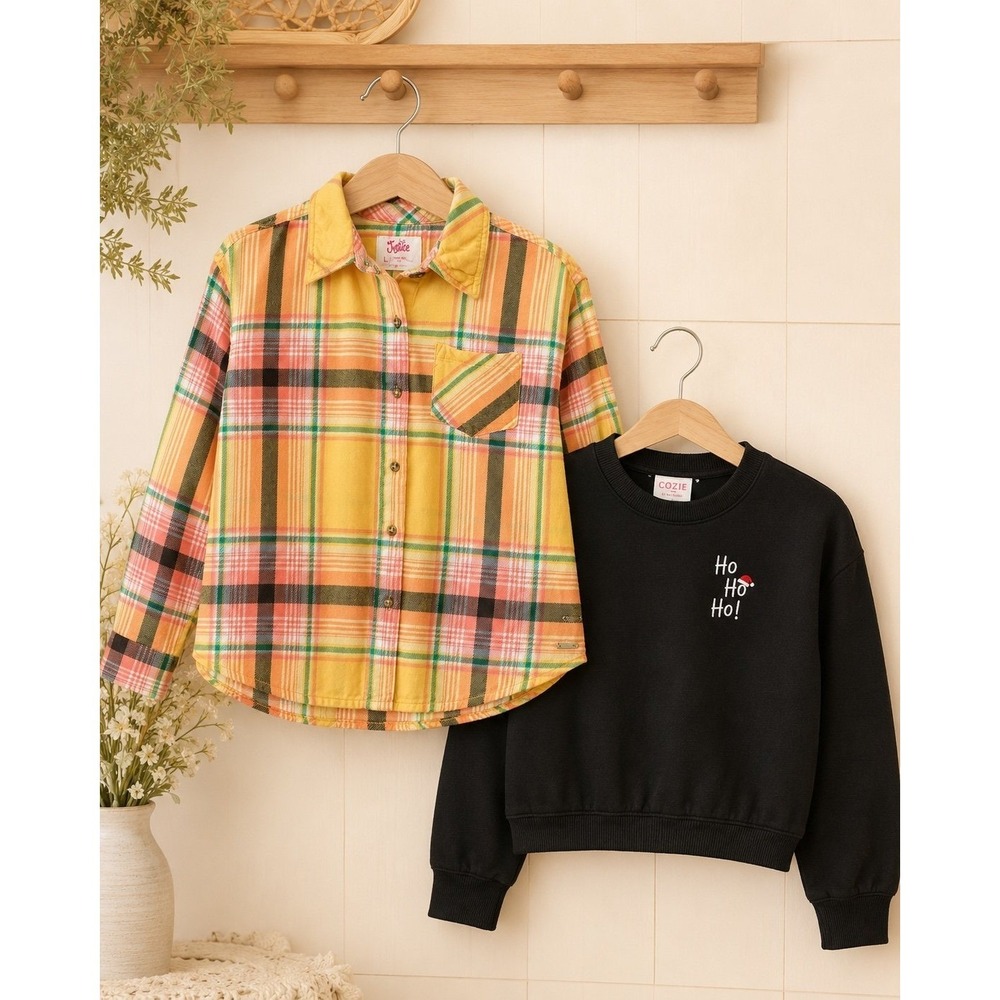 Girls Justice Plaid Shirt 12/14 + Cozie XS Ho Ho Ho Sweatshirt Lot